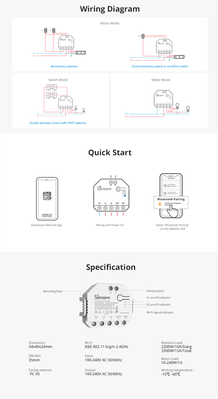 Sonoff Dual R3 Relay Two Way Power Metering Smart Switch, Automated Roller  Shutter/Window Shades, LAN Control, Overload Protection, 10-240W/1A  Motorload, White